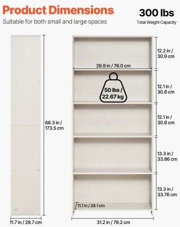 VEVOR 5 Tiers Wide Bookshelf 68" Wooden Freestanding Open Bookcase Shelf White