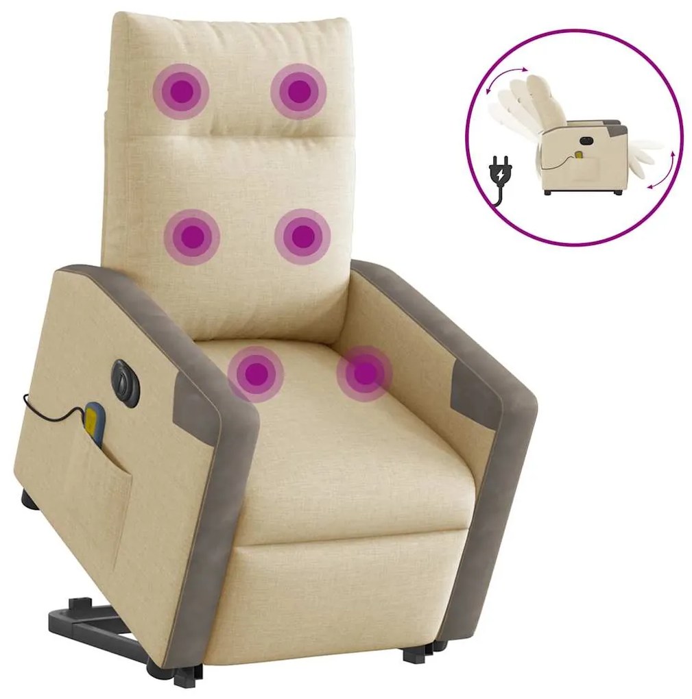vidaXL Πολυθρόνα Μασάζ Ηλεκ. Ανακλινόμενη με Ανύψωση Κρεμ Υφασμάτινη