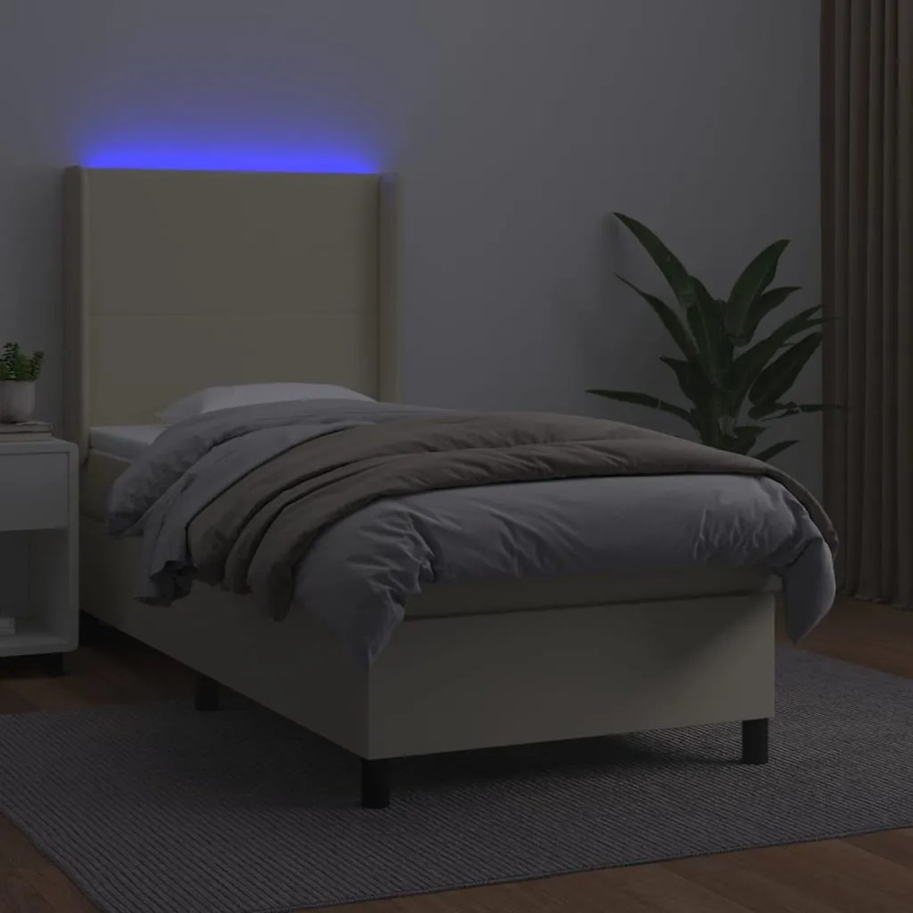 vidaXL Κρεβάτι Boxspring με Στρώμα & LED Κρεμ 90x200 εκ. Συνθ. Δέρμα