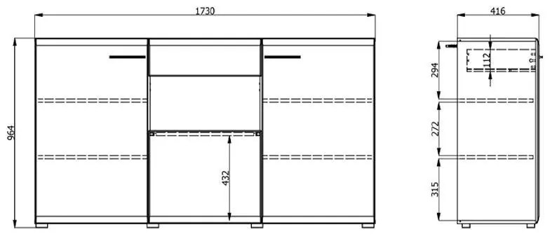 Κομότα - Συρταριέρα Enzo 3K1F Λευκό - Black Grey Wood - Λευκή Λάκα 173x41,5x96,5 εκ. 173x41.5x96.5 εκ.