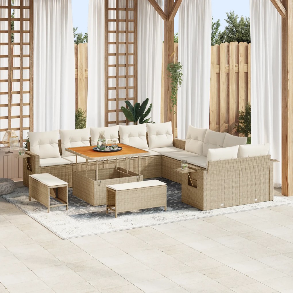 vidaXL 13 Piece Garden Sofa Set with Cushions Beige Poly Rattan Acacia