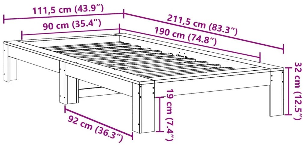 Σκελετός Κρεβατιού Χωρίς Στρώμα 90x190 εκ Μασίφ Ξύλο Πεύκου - Καφέ