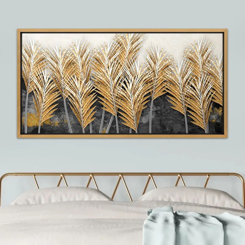 Πίνακας σε καμβά &quot;Gold Leaves&quot; Megapap ψηφιακής εκτύπωσης με κορνίζα χρώμα χρυσό 140x70x3εκ.