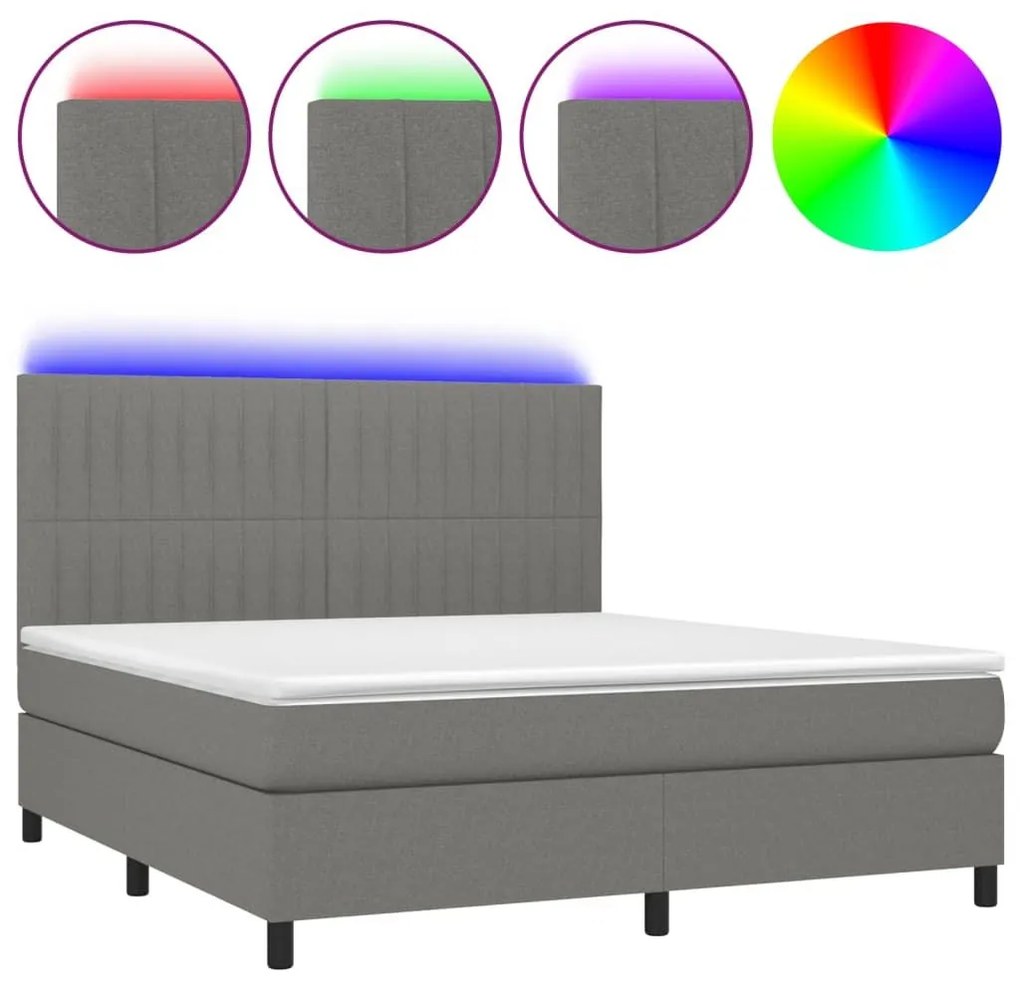 Κρεβάτι Boxspring με Στρώμα &amp; LED Σκ.Γκρι 180x200 εκ Υφασμάτινο - Γκρι