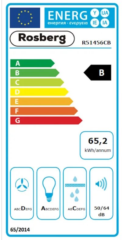 Αναρροφητήρας Rosberg R51456CB, 140W, 1 μοτέρ, 60 cm, 650 m3/h, φίλτρα αλουμινίου, Μαύρο