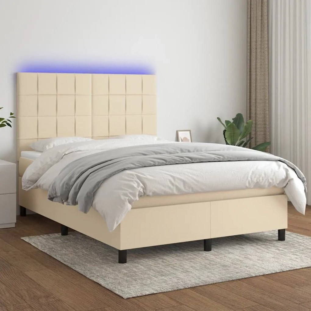 ΚΡΕΒΑΤΙ BOXSPRING ΜΕ ΣΤΡΩΜΑ &amp; LED ΚΡΕΜ 140X200 ΕΚ. ΥΦΑΣΜΑΤΙΝΟ 3134882