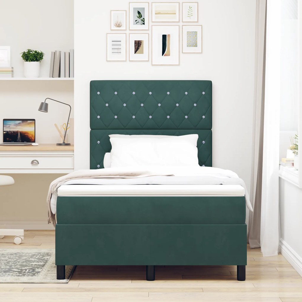 vidaXL Κρεβάτι Box Spring με Στρώμα & LED Σκούρο Πράσινο 120x190 εκ. Βελούδο