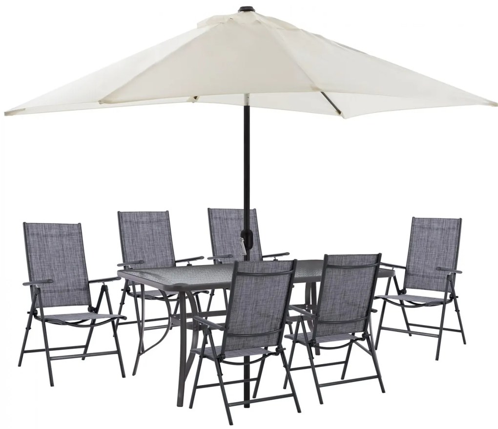 Σετ Κήπου Τραπεζαρία HM11480 8 τεμ Γκρί με Ομπρέλα Μπέζ &amp; Τραπέζι 150x90x75 εκ. με 6 Καρέκλες