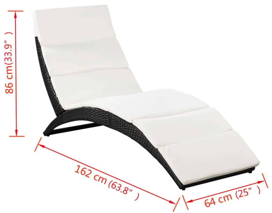 vidaXL Ξαπλώστρα Πτυσσόμενη Μαύρη από Συνθετικό Ρατάν με Μαξιλάρι