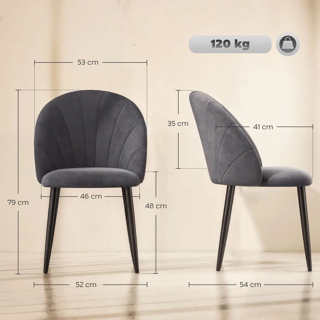 HOMCOM Σετ 2 καρεκλών τραπεζαρίας, Καρέκλες έμφασης, Καρέκλες κουζίνας, Ρετρό σχεδιασμός, όψη βελούδου, 52 cm x 54 cm x 79 cm, Γκρι