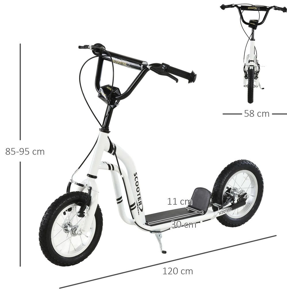 HOMCOM Πατίνι για Παιδιά από 5 ετών Πατίνι Παιδικό Πατίνι Πόλης με Ελαστικά 12 ιντσών από Καουτσούκ Αλουμινίου Λευκό 120 x 58 x 85-95 cm