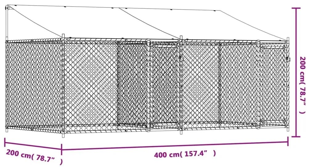 Κλουβί Σκύλου με Οροφή και Πόρτες Γκρι 4x2x2 μ. Γαλβ. Χάλυβας - Γκρι