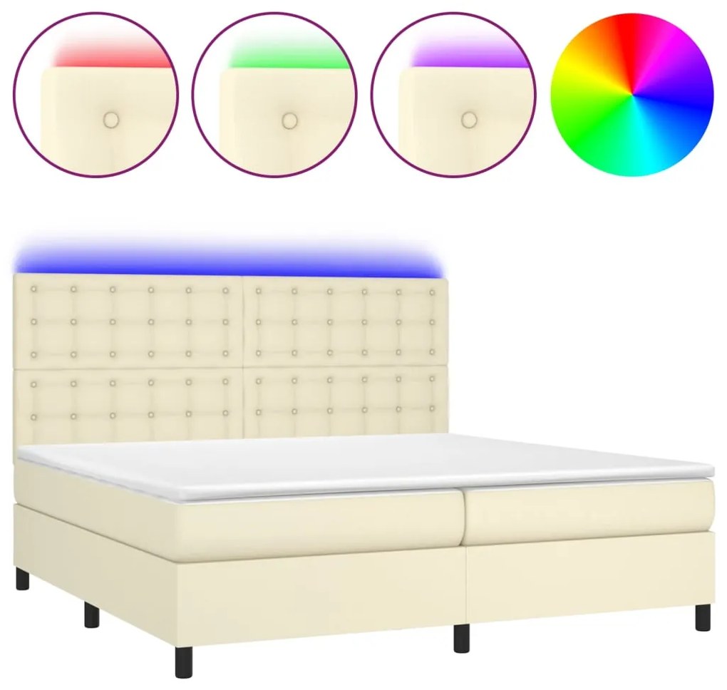 vidaXL Κρεβάτι Boxspring με Στρώμα & LED Κρεμ 200x200 εκ. Συνθ. Δέρμα
