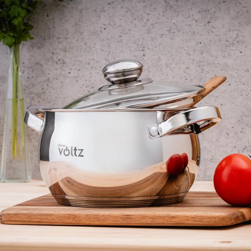 Σετ κατσαρόλας Oliver Voltz OV51210G8B, 8 τεμαχίων, πολυστρωματικός πυθμένας, επαγωγής, ανοξείδωτο ατσάλι, ασημί