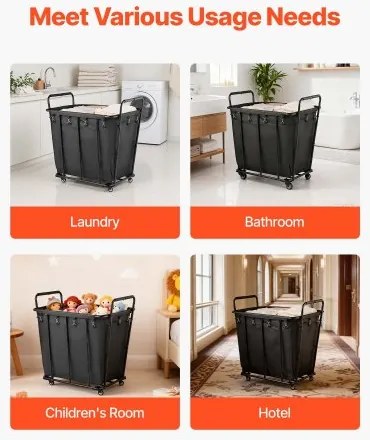 VEVOR Laundry Cart, Rolling Grocery Utility Cart with Waterproof Liner & Swivel Wheels, 118 KG Large Load Capacity, Heavy Duty Shopping Basket for Laundry, Shopping, Camping, Grocery, Luggage, Black