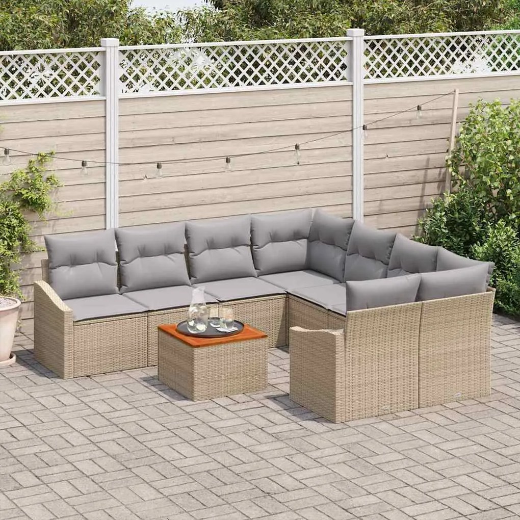 vidaXL Σετ Καναπέ Κήπου με μαξιλάρι 9 pcs Μπεζ Πολυ ράταν
