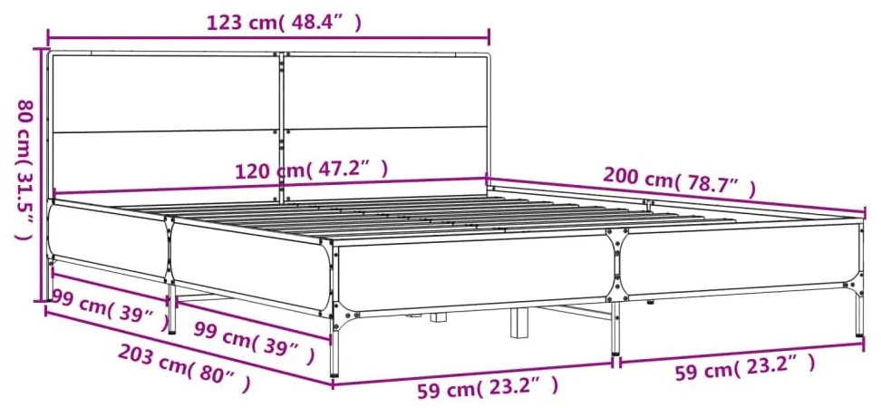 Πλαίσιο Κρεβατιού Καφέ Δρυς 120x200 εκ. Επεξ. Ξύλο &amp; Μέταλλο - Καφέ