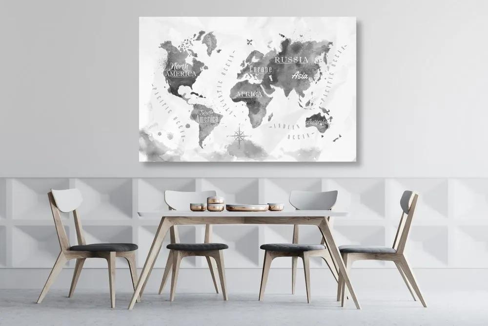 Εικόνα ασπρόμαυρη ακουαρέλα παγκόσμιου χάρτη - 120x80