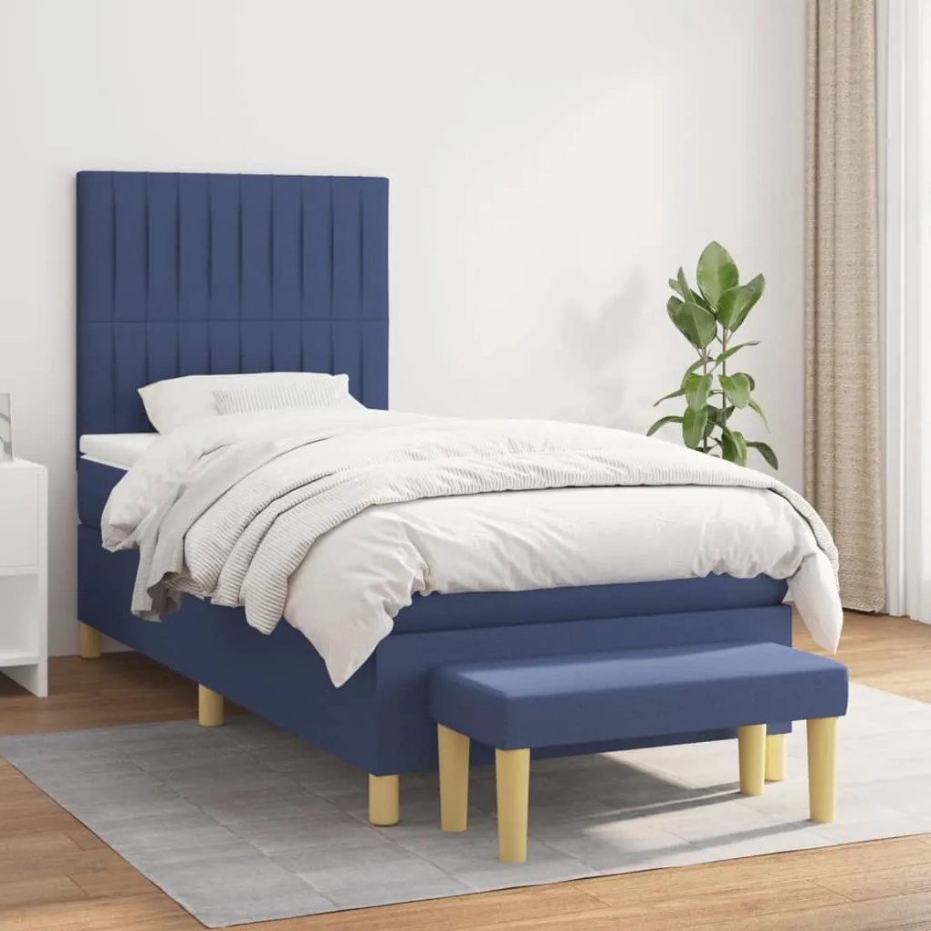 Κρεβάτι Boxspring με Στρώμα Μπλε 90x190 εκ.Υφασμάτινο - Μπλε