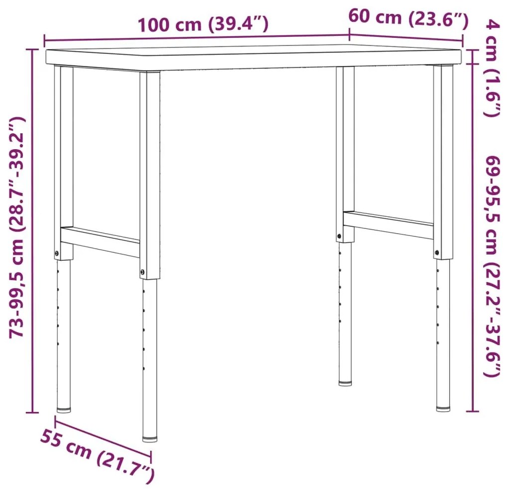 Πάγκος Εργασίας Ορθογώνιος 100x60x(73-99,5) εκ Μασίφ Ξύλο Οξιάς - Καφέ