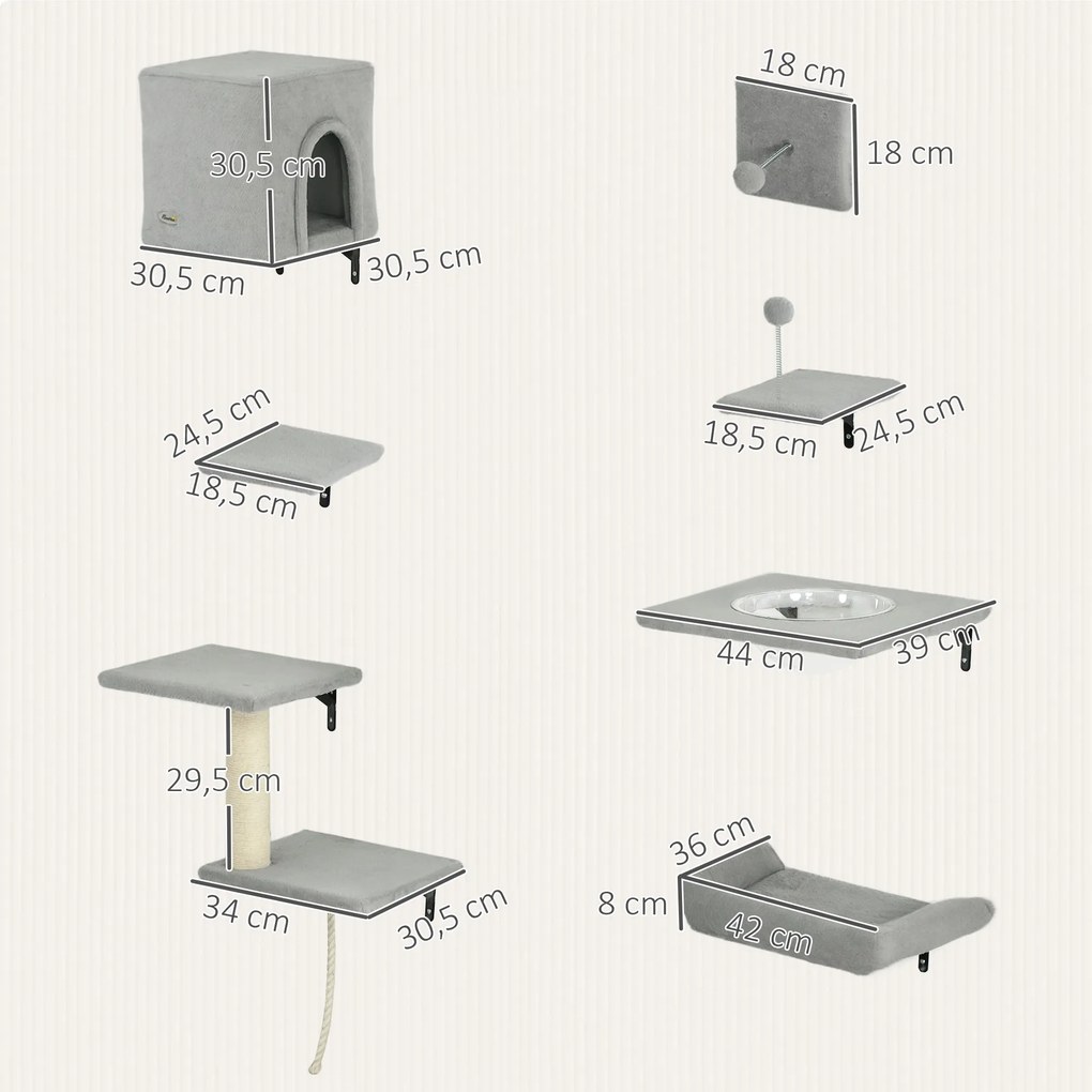 PawHut Σύστημα Κρεμαστής Τοιχοποιίας για Γάτες 7 τεμαχίων Σετ Κρεμαστής Τοιχοποιίας για Γάτες με Σπιτάκι Γάτας, Πλατφόρμα, Πλατφόρμα Γκρι