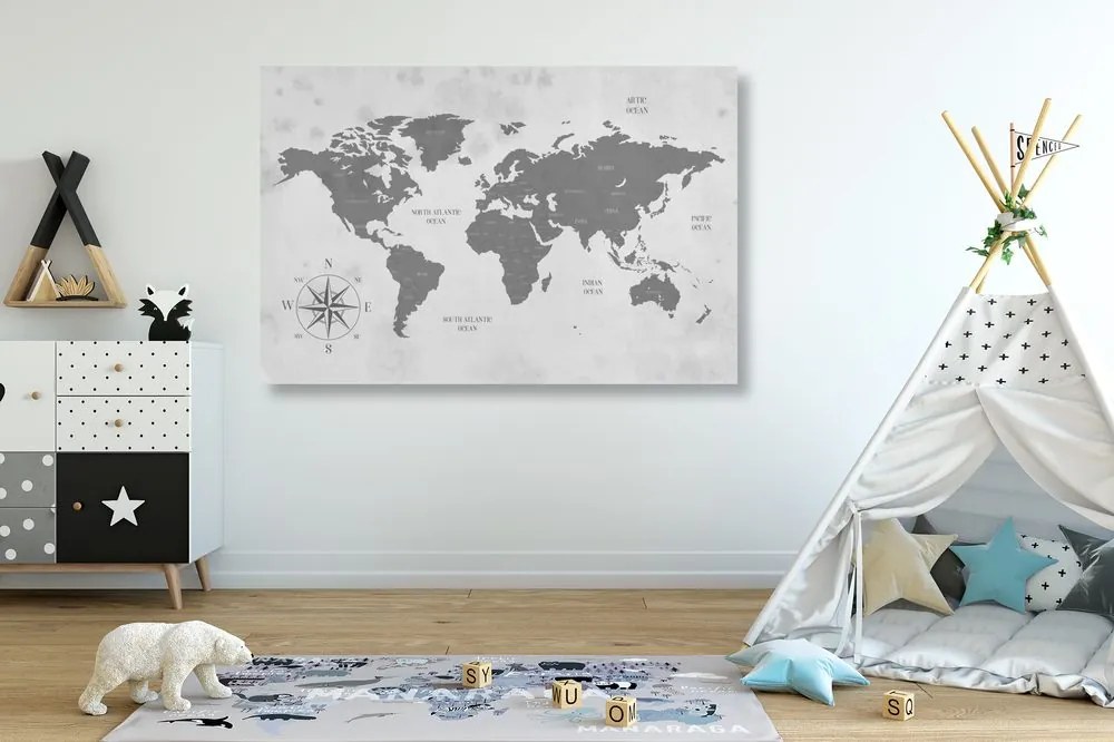 Εικόνα αξιοπρεπούς χάρτη του κόσμου σε ασπρόμαυρο - 60x40