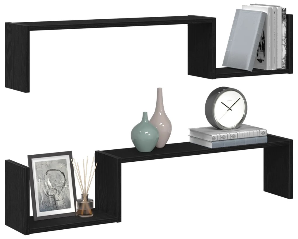 vidaXL Επιτοίχια Ράφα 2 τεμ Μαύρη Οξιά 100x15x70 εκ Επεξεργασμένο Ξύλο