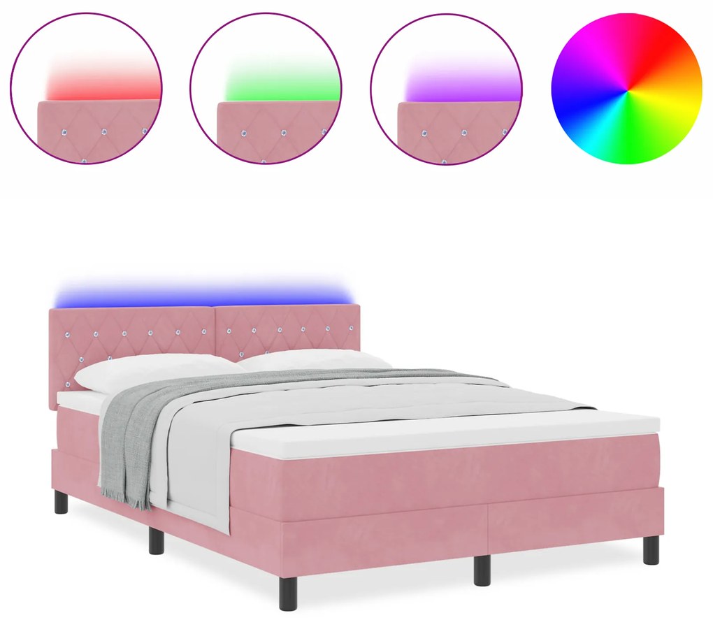 vidaXL κρεβάτι box spring με στρώμα & LED Ροζ 140x200 εκ. Βελούδο