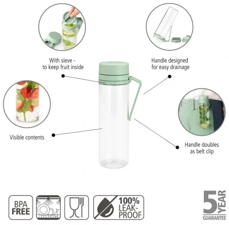 Μπουκάλι Brabantia Make&Take 1006279, 500 ml, Με σουρωτήρι, Προστασία από διαρροή, Μεγάλο άνοιγμα, Πράσινο/διαφανές