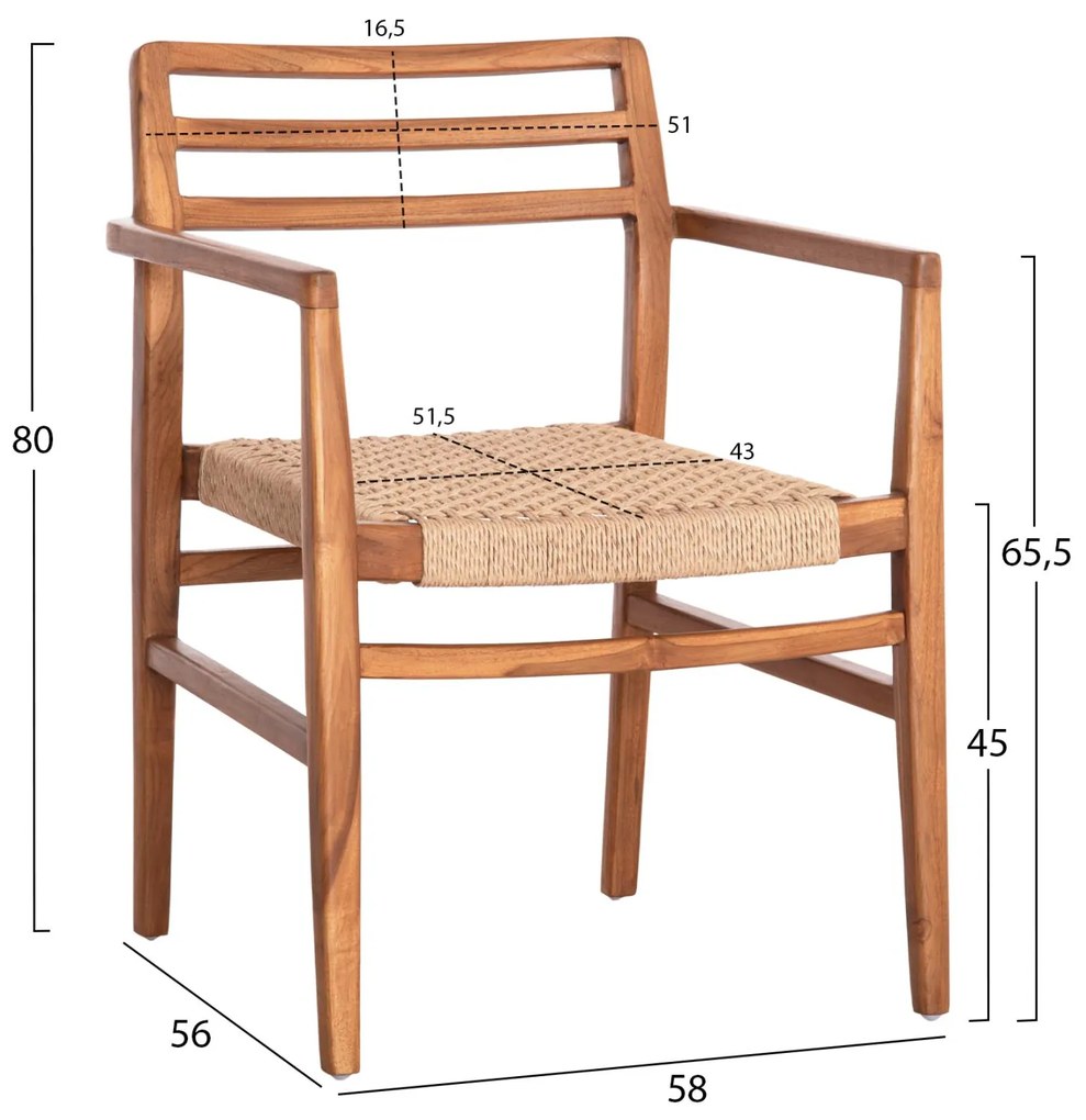 Πολυθρόνα Τραπεζαρίας HERRIN Ξύλο Teak-Σχοινί Viro 58x56x80Υεκ. 58x56x80 εκ.
