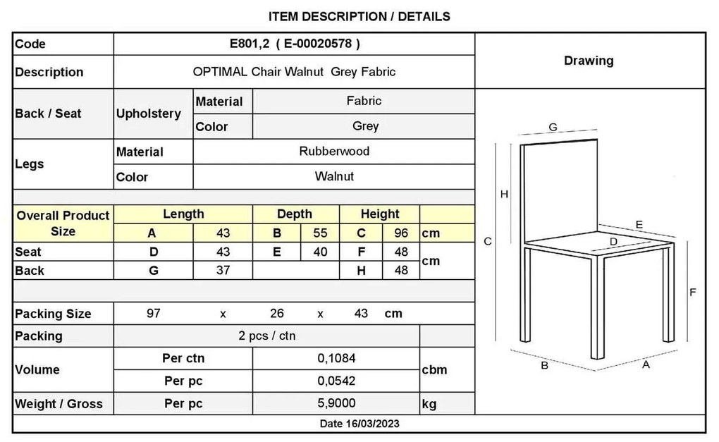 Καρέκλα OPTIMAL Green Walnut/Ύφασμα Γκρι 	43x55x96cm