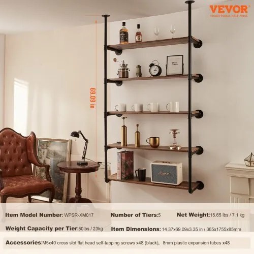 VEVOR Industrial Pipe Shelf 5 Tier 2PCS 11.8in W Wall-Mount Planks NOT Included