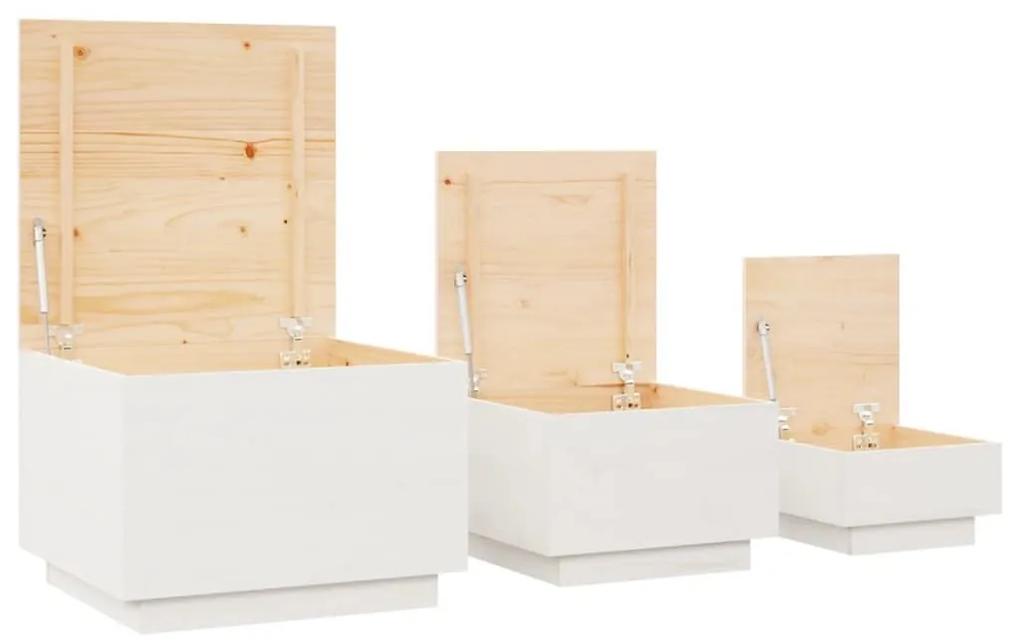 Κουτιά Αποθήκευσης με Καπάκια 3 τεμ. Γκρι από άσπρο Ξύλο Πεύκου - Λευκό