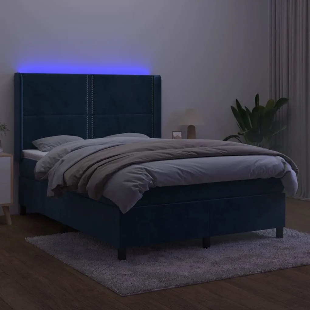 Κρεβάτι Boxspring με Στρώμα &amp; LED Σκ. Μπλε 140x190εκ. Βελούδινο - Μπλε