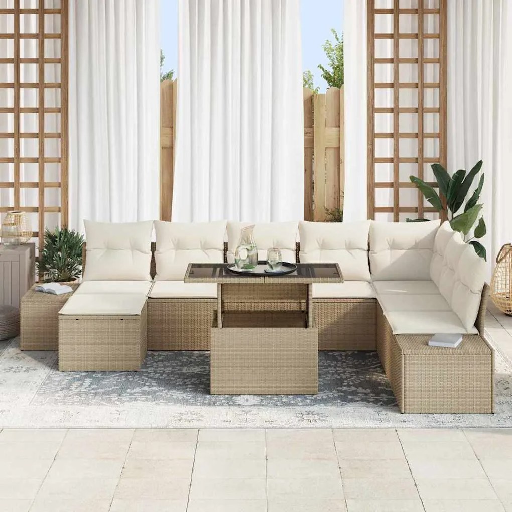 vidaXL Σετ Καναπέ Κήπου με μαξιλάρι 9 pcs μπεζ και κρεμ