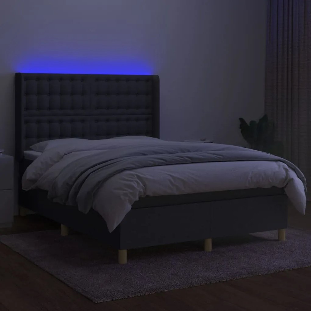 vidaXL Κρεβάτι Boxspring με Στρώμα &amp; LED Σκ.Γκρι 140x190εκ. Υφασμάτινο