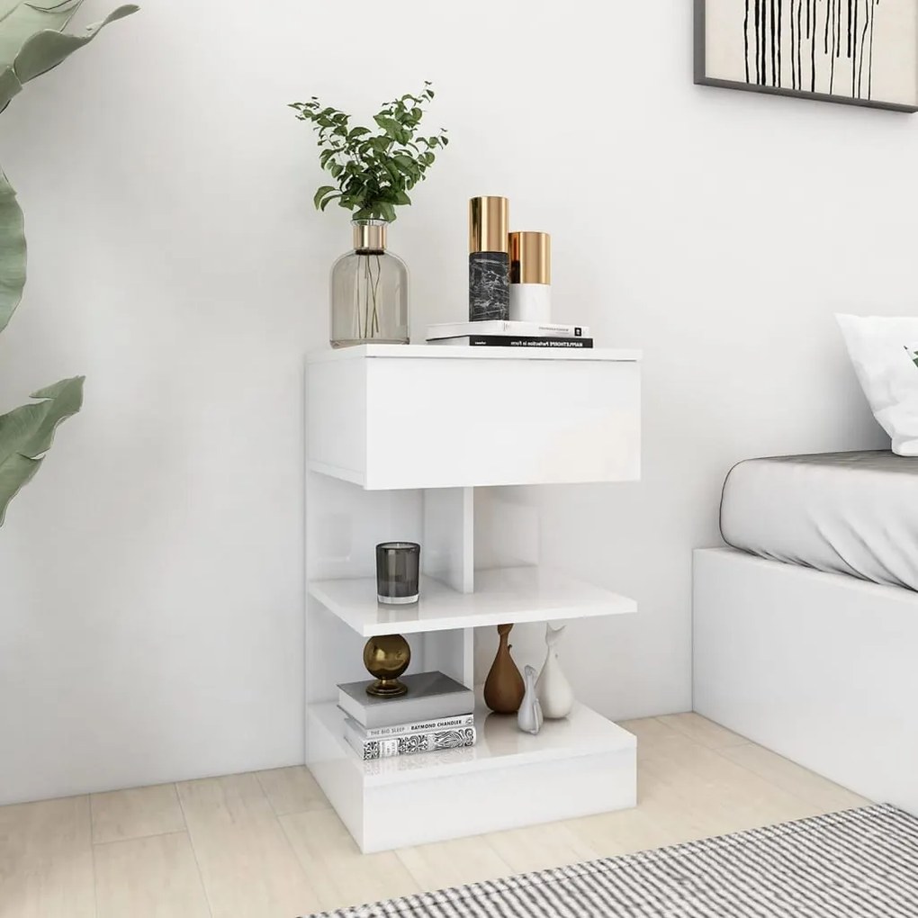 vidaXL Κομοδίνο Γυαλιστερό Λευκό 40 x 35 x 65 εκ. από Επεξ. Ξύλο