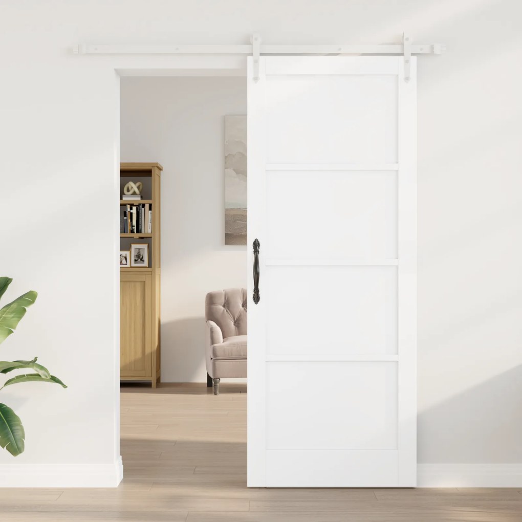 vidaXL Συρόμενη Πόρτα με Σετ Αξεσουάρ Λευκή 83x211 εκ. Συμπαγές Ξύλο Πεύκου