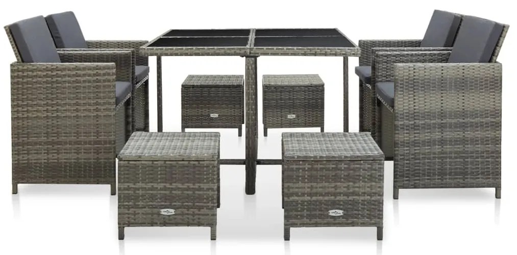 vidaXL Σετ Τραπεζαρίας Εξ. Χώρου 9 τεμ. Γκρι Συνθ. Ρατάν με Μαξιλάρια