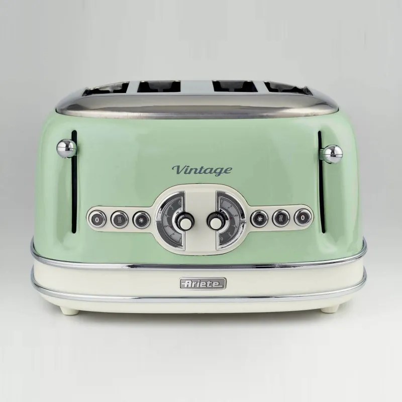 Τοστιέρα ψωμιού Ariete VINTAGE 0156/04, 1600W, 4 φέτες, 3 λειτουργίες, 6 στάδια, Αφαιρούμενος δίσκος ψίχας, Πράσινο