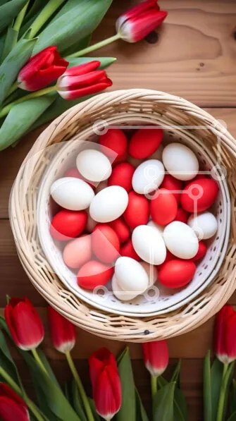 Intra Συλλεκτικό Ξύλινο Παζλ Plywood  4mm - Πασχαλινό καλάθι με κόκκινα και άσπρα αυγά και τουλίπες Σε Ξύλινο Κουτί - Διαστάσεις: 10x10 cm – 25 κομμάτια