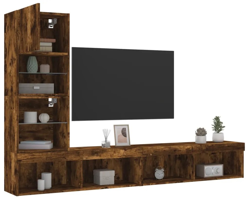 vidaXL Έπιπλα Τοίχου Τηλεόρασης 4 τεμ LED Καπνιστή Δρυς από Επεξ. Ξύλο