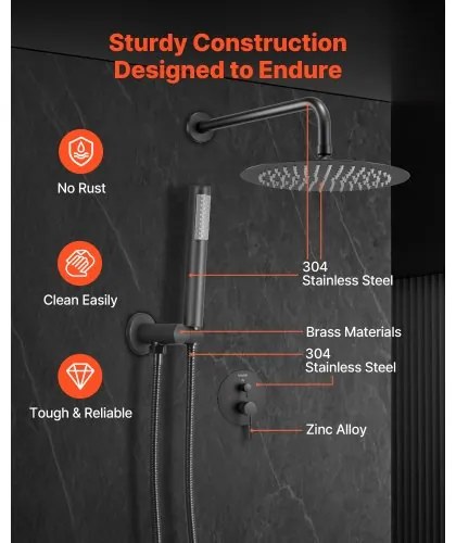 VEVOR Shower Faucet Set 8&quot; Round Rain Shower Head and Hand Set Matte Black