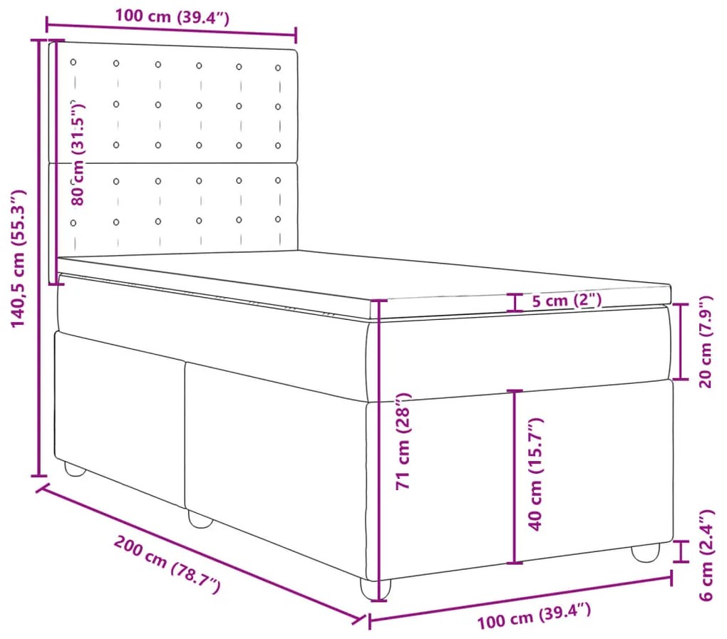 Κρεβάτι Boxspring με Στρώμα Σκούρο Γκρι 100x200 εκ. Υφασμάτινο - Γκρι