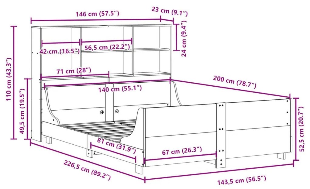 Κρεβάτι Βιβλιοθήκη Χωρίς Στρώμα 140x200 εκ Μασίφ Πεύκο - Καφέ