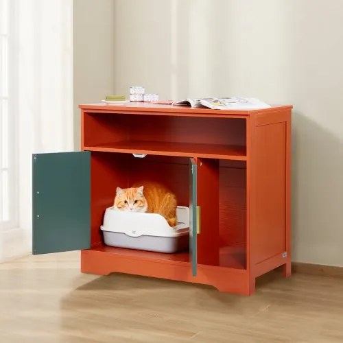 VEVOR Cat Litter Box Enclosure, 79.2 cm Hidden Litter Box Cabinet with Shelf &amp; Storage, Modern Style Indoor Cat Washroom, Wooden Kitty House Furniture End Table, Fit Most Litterboxes, Red &amp; Green