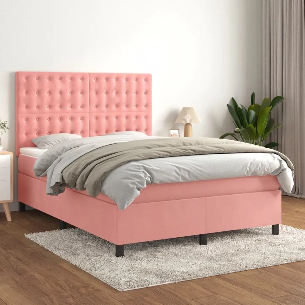 Κρεβάτι Boxspring με Στρώμα Ροζ 140x200 εκ. Βελούδινο