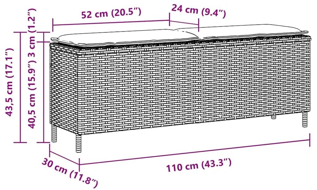 Πάγκος κήπου με μαξιλάρι γκρι 110x30x40,5 cm Poly Rattan - Γκρι