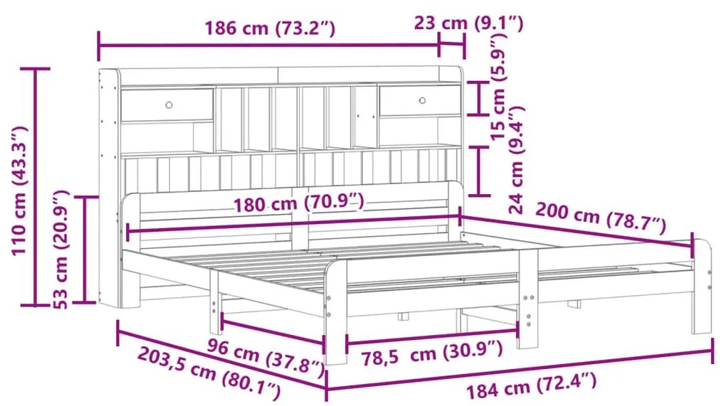 Κρεβάτι Βιβλιοθήκη Χωρίς Στρώμα 180x200 εκ Μασίφ Ξύλο Πεύκου - Καφέ