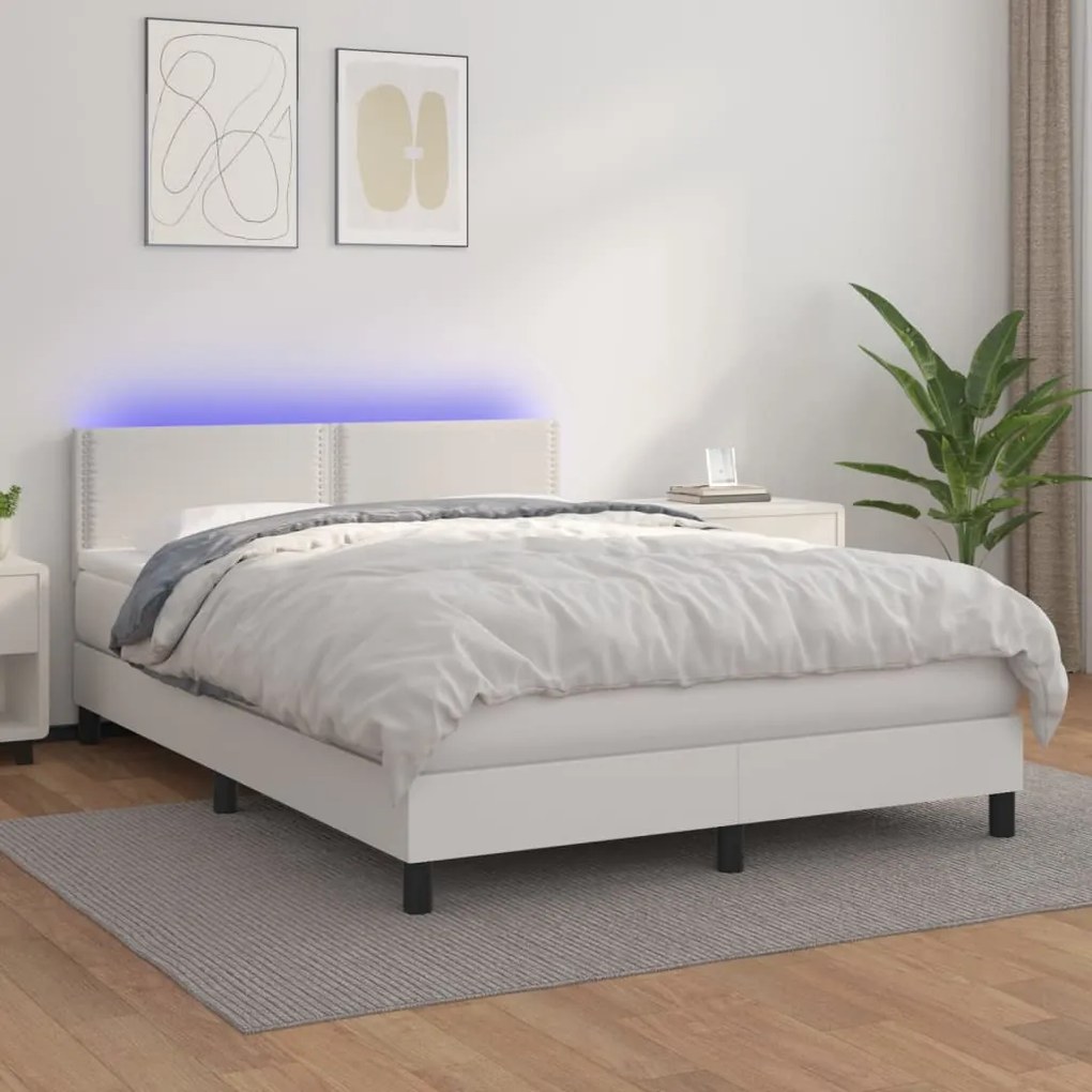 Κρεβάτι Boxspring με Στρώμα &amp; LED Λευκό 140x200 εκ. Συνθ. Δέρμα - Λευκό